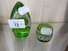 WEDGWOOD GREEN GLASS CONICAL PAPERWEIGHT AND A GREEN GLASS CIRCULAR SALT WITH LACE FABRIC COVER (2)