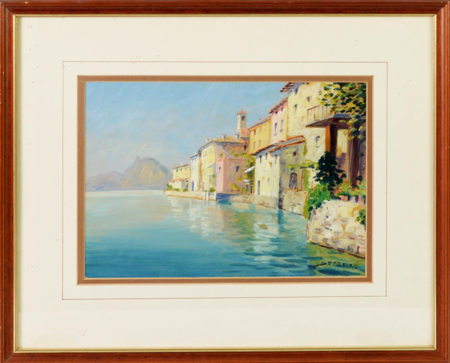 ITALIAN (20th CENTURY SCHOOL) OIL PAINTING 'Serafino', town on the water Titled lower right but - Image 2 of 2