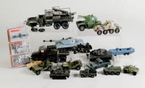 SELECTION OF DINKY AND OTHER DIE CAST, MAINLY PLAYWORN, MILITARY VEHICLES, but including boxed
