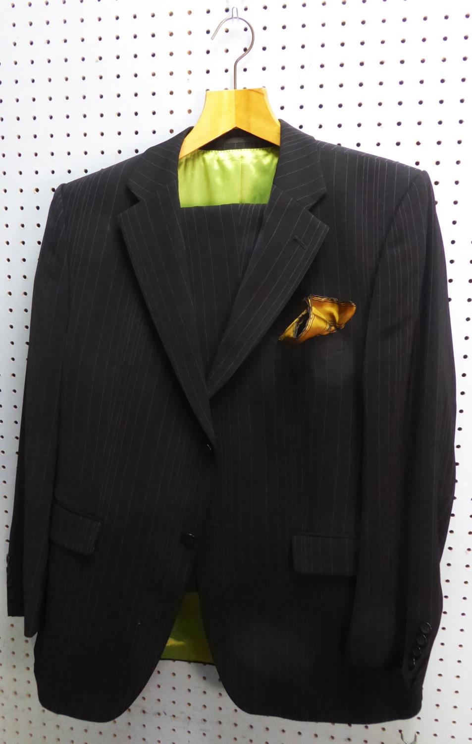 GIBSON, CARNABY CLASSIC, GENTLEMAN'S TWO PIECE LOUNGE SUIT, black pin stripe polyester, the jacket