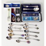 SEVENTEEN VARIOUS SILVER AND WHITE METAL BRITISH AND FOREIGN SOUVENIR SPOONS, also a CASED SILVER