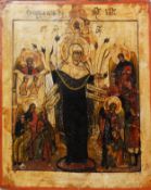 ICON ON WOODEN PANEL, depicting the Virgin Mary, saints, and angels, 11” x 9” (28 cm x 23 cm)