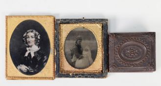 VICTORIAN TINTED AMBROTYPE PHOTOGRAPH, half length study of a Victorian inlay, in gilt metal mount