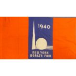 NEW YORK WORLD'S FAIR 1940 STITCHED COTTON FLAG in orange, white and blue and bearing signatures