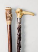 EARLY TWENTIETH CENTURY BLACKTHORN WALKING STICK, the stag horn handle carved as the head of a