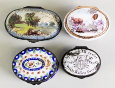 FOUR NINETEENTH CENTURY OVAL ENAMEL SMALL BOXES WITH HINGED COVERS, all with degrees of damage,