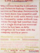 EARLY TWENTIETH CENTURY WOOLWORK NOTICE OF RETIREMENT FOR MR BOWNESS FROM THE LANCASHIRE AND