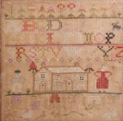 EARLY NINETEENTH CENTURY ALPHABET SAMPLER, also depicting a house flanked by a man and his wife  12"