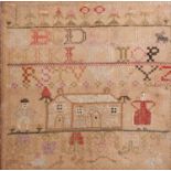 EARLY NINETEENTH CENTURY ALPHABET SAMPLER, also depicting a house flanked by a man and his wife  12"