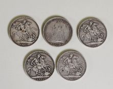 TWO VICTORIAN OLD HEAD SILVER CROWN COINS 1893,  both (VF), AND  THREE OTHERS 1899 and 1900 x 2, all