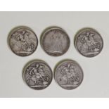 TWO VICTORIAN OLD HEAD SILVER CROWN COINS 1893,  both (VF), AND  THREE OTHERS 1899 and 1900 x 2, all