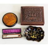 INDIAN EARLY TWENTIETH CENTURY INTRICATELY CARVED HARDWOOD SMALL LIDDED BOX, all over decoration