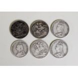 VICTORIAN SILVER JUBILEE CROWN COIN 1888 (F), FOUR OTHERS 1889 x 2, 1890 x 2, all with degrees of