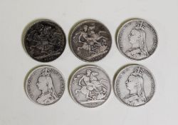 VICTORIAN SILVER JUBILEE CROWN COIN 1888 (F), FOUR OTHERS 1889 x 2, 1890 x 2, all with degrees of