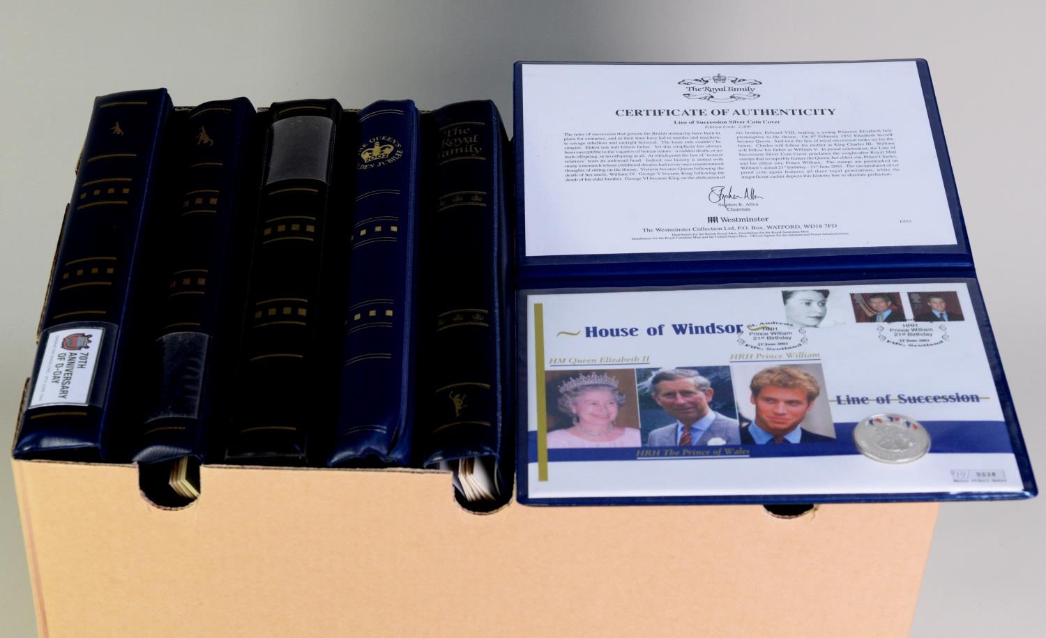 Large carton containing two binders of The Royal Family, including 1937 FDC, plus three binders