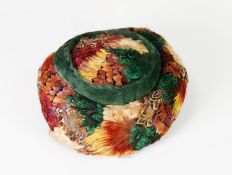 LADIES VINTAGE EXOTIC BIRD FEATHER HAT OF CIRCULAR TWO TIER FORM, with a stiffened gauge/net