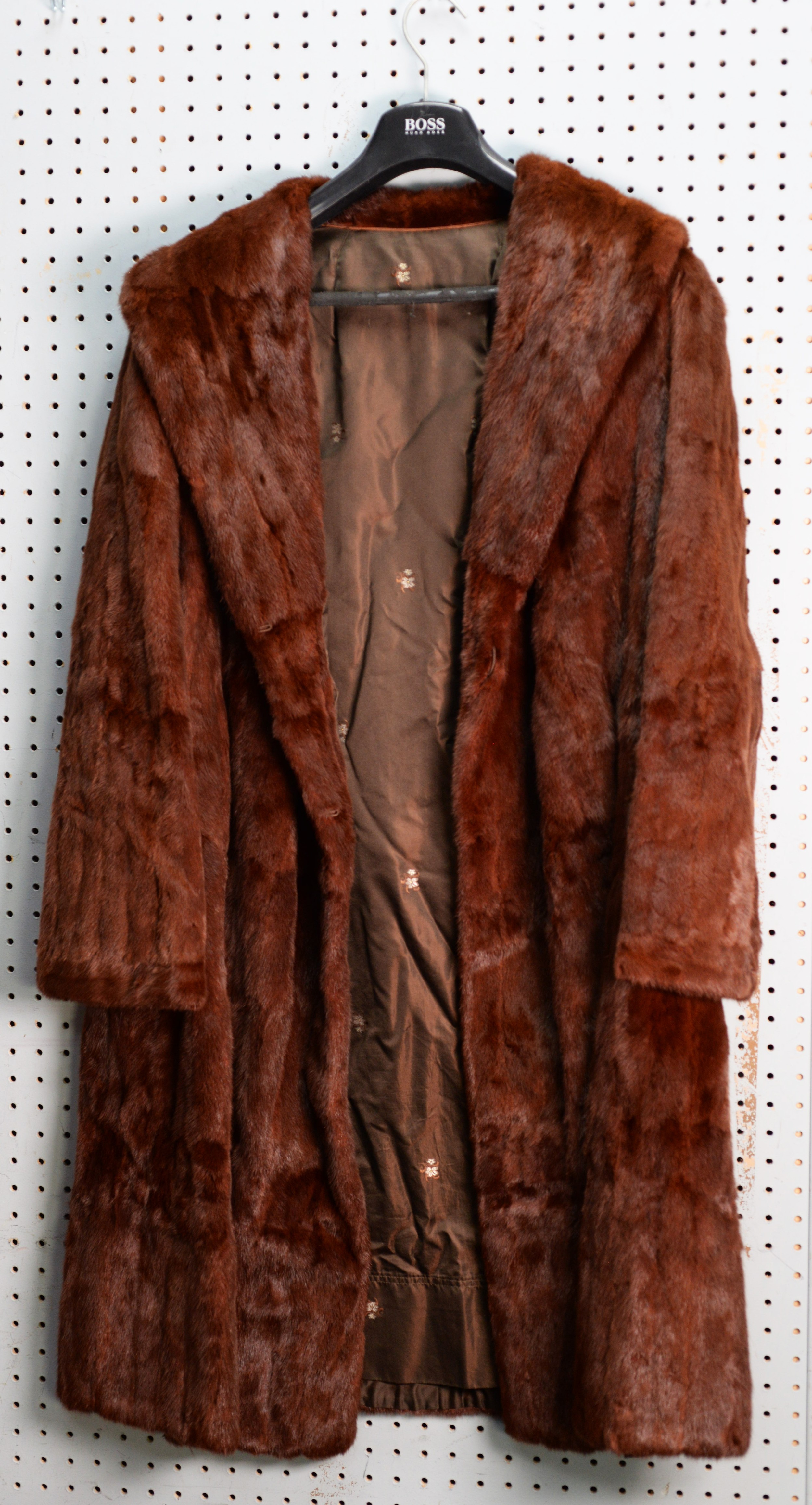 LADY'S RUSSIAN BROWN ERMINE FULL-LENGTH FUR COAT with shawl collar, single breasted front with