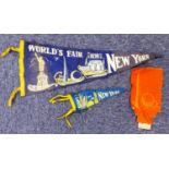 NEW YORK WORLD'S FAIR 1939 BLUE FELT FABRIC PENNANT colour printed with iconic views,