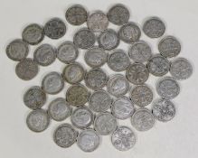 FIFTY FIVE GEORGE V SILVER FLORINS, considered to be of F condition, 19.5 ozs