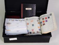 Deed box containing four albums and one FDC binder, noted French Colonies, a vintage album, the