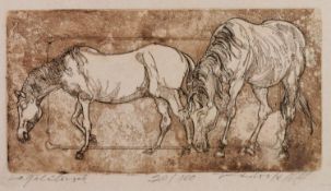 FRENCH SCHOOL ARTIST SIGNED LIMITED EDITION DRY POINT SEPIA ETCHING WITH AQUATINT Two horses with