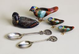 MODERN ORIENTAL CLOISONNE MODEL OF A PHEASANT, standing 3 1/2"(8.9cm) long, TWO ALIKE SMALLER BIRDS,