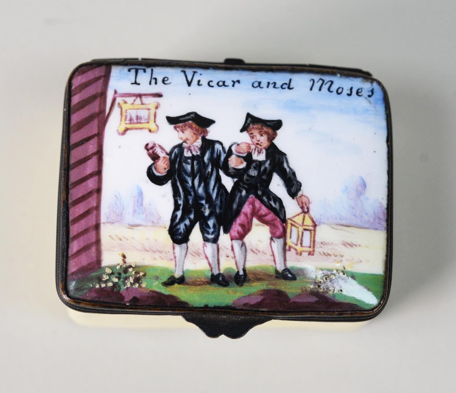 LATE EIGHTEENTH CENTURY SOUTH STAFFORDSHIRE ENAMEL SNUFF OR PATCH BOX the hinged cover inscribed '