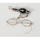 NINETEENTH CENTURY GILT COPPER AND CHAMPLEVE ENAMEL FOLDING LORGNETTE with suspension ring C/R- some