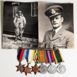 GROUP OF FIVE WORLD WAR II SERVICE MEDALS AND LATER CADET FORCES MEDAL WITH RIBBONS ON BROOCH