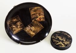 ORIENTAL BLACK LACQUER AND GILT CIRCULAR SNUFF BOX AND COVER , painted  in gilt with a lake and