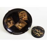 ORIENTAL BLACK LACQUER AND GILT CIRCULAR SNUFF BOX AND COVER , painted  in gilt with a lake and