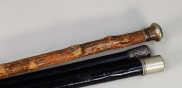 LATE VICTORIAN EBONY WALKING STICK, with foliate scroll embossed silver top, London 1896, an EARLY