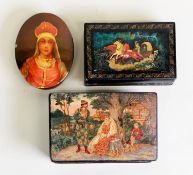 RUSSIAN PAPIER MACHE OVAL BOX AND COVER, painted with head and shoulders of a girl in National
