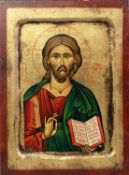 A MODERN PAINTED ICON, on wood panel depicting St Gregory holding an open book, 9 ¼” x 6 ¾” (23.5 cm