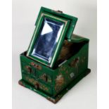 20TH CENTURY JAPANESE LADY'S GREEN PAINETD WOODEN TRAVELLING VANITY CASKET, the lid decorated with