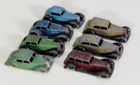 SEVEN DINKY TOYS - SALOON CARS CIRCA 1940s, all playworn and lacking tyres to include 30b Rolls