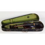 UNBRANDED MID 20th CENTURY VIOLIN WITH TWO PIECE 14 1/8in (35.9cm) back, in EBONIZED WOOD CASE