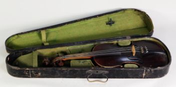 UNBRANDED MID 20th CENTURY VIOLIN WITH TWO PIECE 14 1/8in (35.9cm) back, in EBONIZED WOOD CASE
