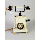 POST-WAR, PROBABLY FRENCH, TALL WHITE ENAMEL AND BRASS CRADLE TELEPHONE with side crank handle and