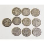 THREE GEORGE V SILVER HALF CROWN 1933, 1935 AND 1936, all (F) and SEVEN OTHERS SHOWING DEGREES OF