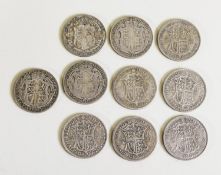 THREE GEORGE V SILVER HALF CROWN 1933, 1935 AND 1936, all (F) and SEVEN OTHERS SHOWING DEGREES OF