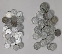 SEVENTY ONE GEORGE VI ONE SHILLING COINS together with ONE HUNDRED AND FIFTY NINE SIX PENNY PIECES