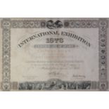 AWARD CERTIFICATE RELATING TO THE 1876 INTERNATIONAL EXHIBITION PHILADELPHIA, to Mr Thomas Shaw,