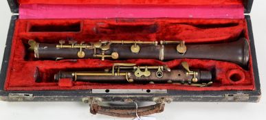 INTER-WAR YEARS UN-NAMED THERMO-PLASTIC AND BRASS OBOE in associated case, incomplete C/R- as found