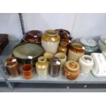 EARLY TWENTIETH CENTURY AND LATER BROWN AND SALT GLAZED STORAGE JARS, BOTTLES ETC... TO INCLUDE;