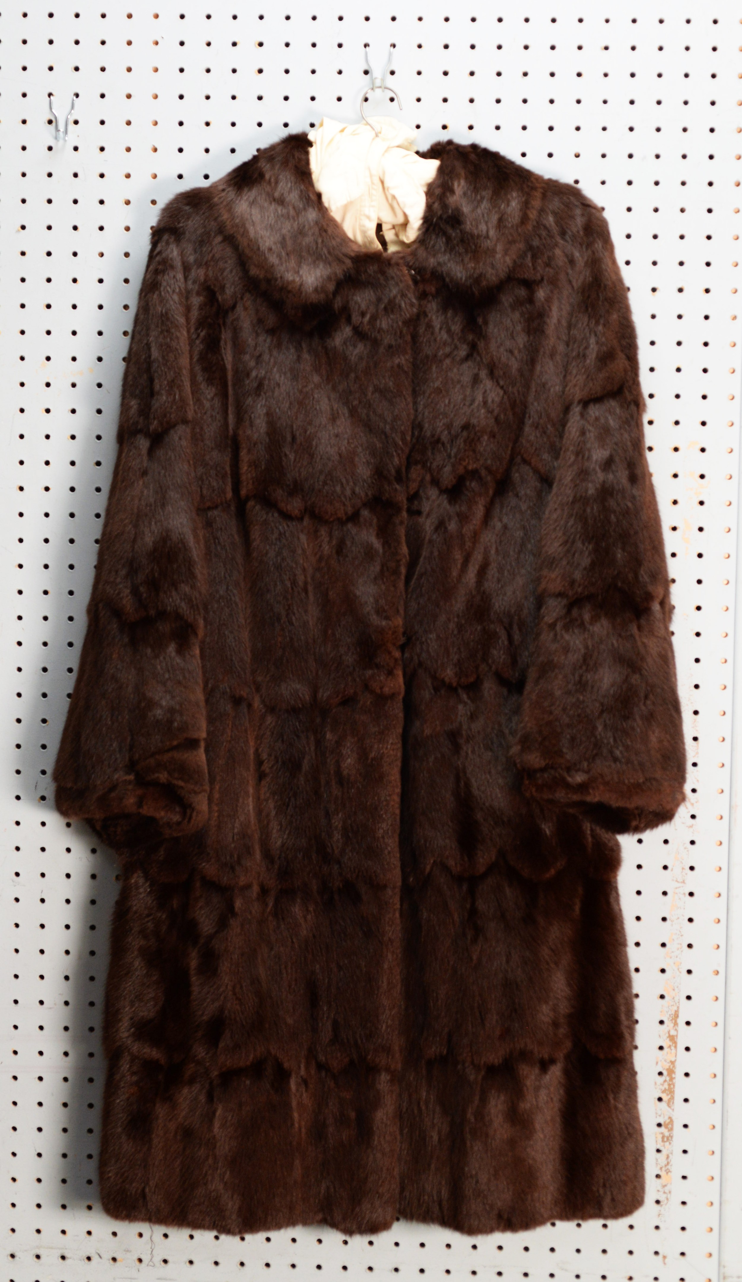 LADY'S MINK-DYED MUSQUASH FULL-LENGTH FUR COAT, with shawl collar, single breasted, hook fastening