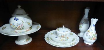 AYNSLEY CHINA ‘COTTAGE GARDEN’ PATTERN WARE, VIZ A PEDESTAL CAKE STAND, A GLOBULAR JAR AND DOMED