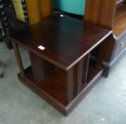 A MAHOGANY SQUARE BOOK/COFFEE TABLE, PLINTH BASE ON CASTORS, 1'8" SQUARE, 1'6" HIGH