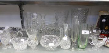 TWO LARGE CUT GLASS FLOWER VASES; CUT GLASS FRUIT BOWLS; CUT GLASS VASES AND MISCELLANEOUS GLASS