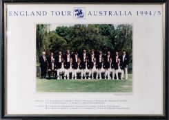 FRAMED PHOTOGRAPH OF ENGLAND CRICKET TOUR - WEST INDIES 1994 WITH EIGHTEEN FADED AUTOGRAPHS, also